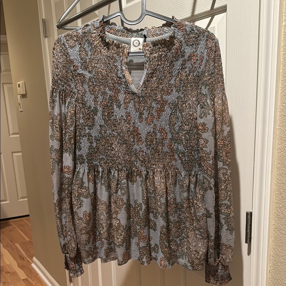 Gray and Brown Smocked Ruffled Long Sleeve Blouse